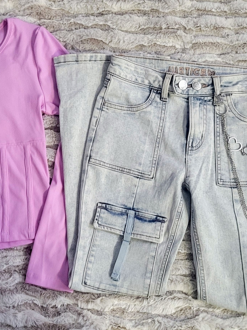2 Pc Set Justice Girls Top & Cargo Flare Jeans LT Wash with Heart Chain NEW 12